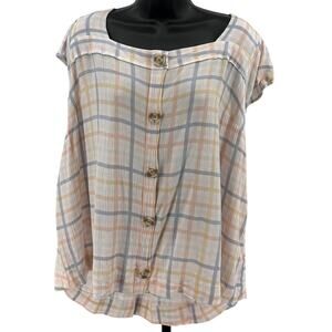 Angels Forever Young Blouse WMNS 2X Checkered Button Up Cream Pink Square Neck